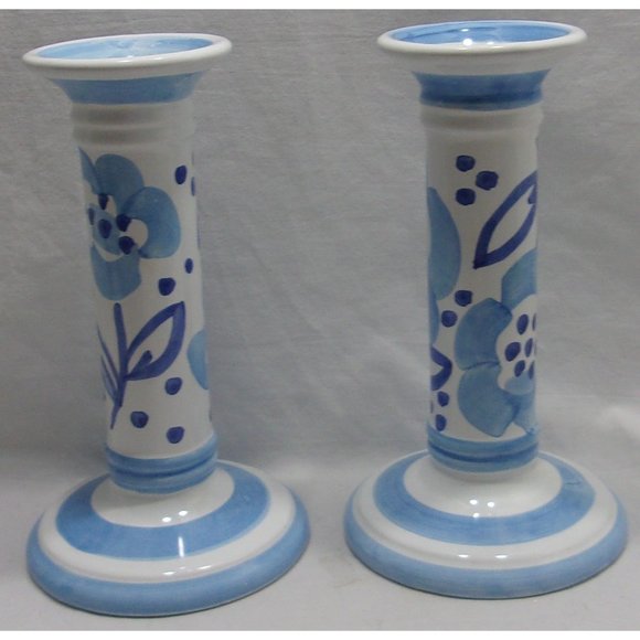 Pair of Bellini Italy Pretty Blue/White Candlesticks Candle Holders 8" - Picture 1 of 10